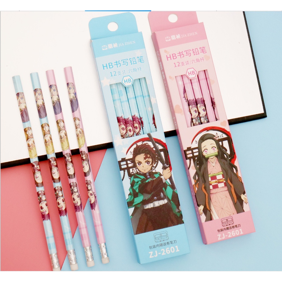 Hộp 12 Cây Bút Chì Gỗ Hình Demon Slayer Kimetsu No Yaiba HB Đi Học Kèm Cục Tẩy Cho Bé