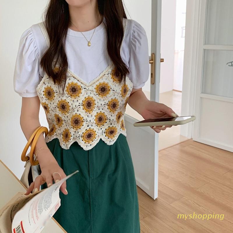 Áo Croptop Dệt Kim Không Tay Cổ Chữ V Dáng Rộng Thêu Hình Hoa Hướng Dương Phong Cách Vintage Cho Nữ