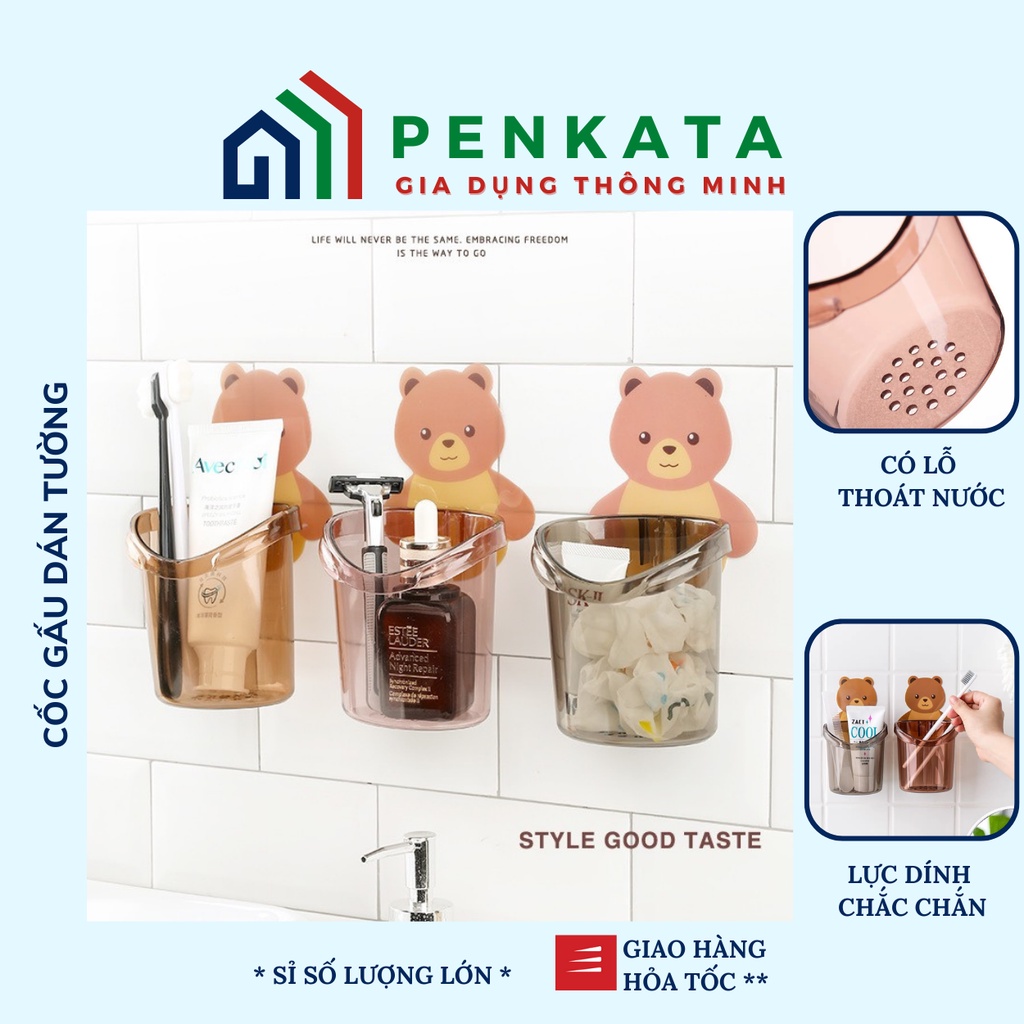 Cốc gấu dán tường, cốc gấu đựng bàn chải, kem đánh răng gắn tường có lỗ thoát nước tiện dụng PENKATA 15CGDT