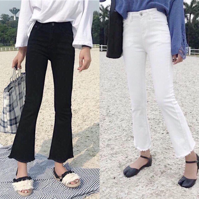 Quần Kaki Jeans Ống Loe Tua Gấu Lưng Cao