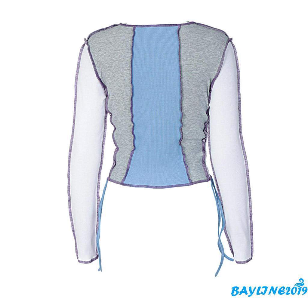 Áo Croptop Tay Dài Phối Màu Thời Trang Cho Nữ