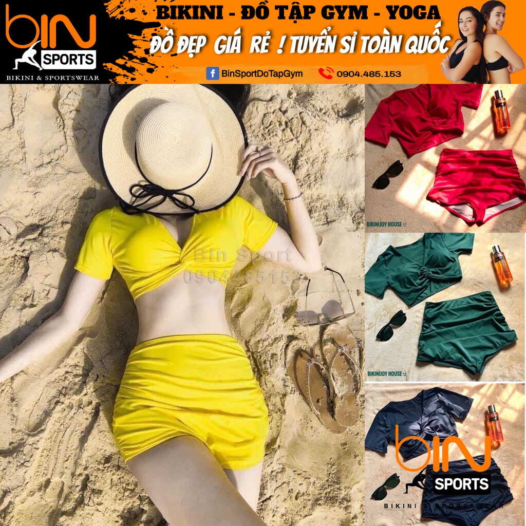 Bikini Đồ Bơi Nữ 2 Mảnh Aó Crop Xoắn Ngực Quần Đùi Nhúng Cạp Cao Nhiều Màu Freesize Bin Sports BHV074