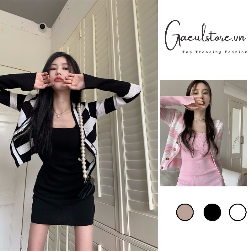Gaeul store-set váy dây len mix áo khoác cardigan kẻ