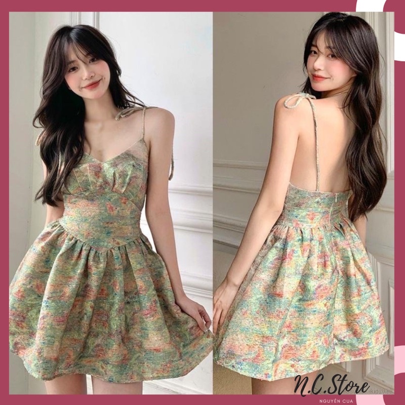 Set Đầm 2 Dây Hoạ Tiết Sơn Mài Đẹp + Áo Khoác