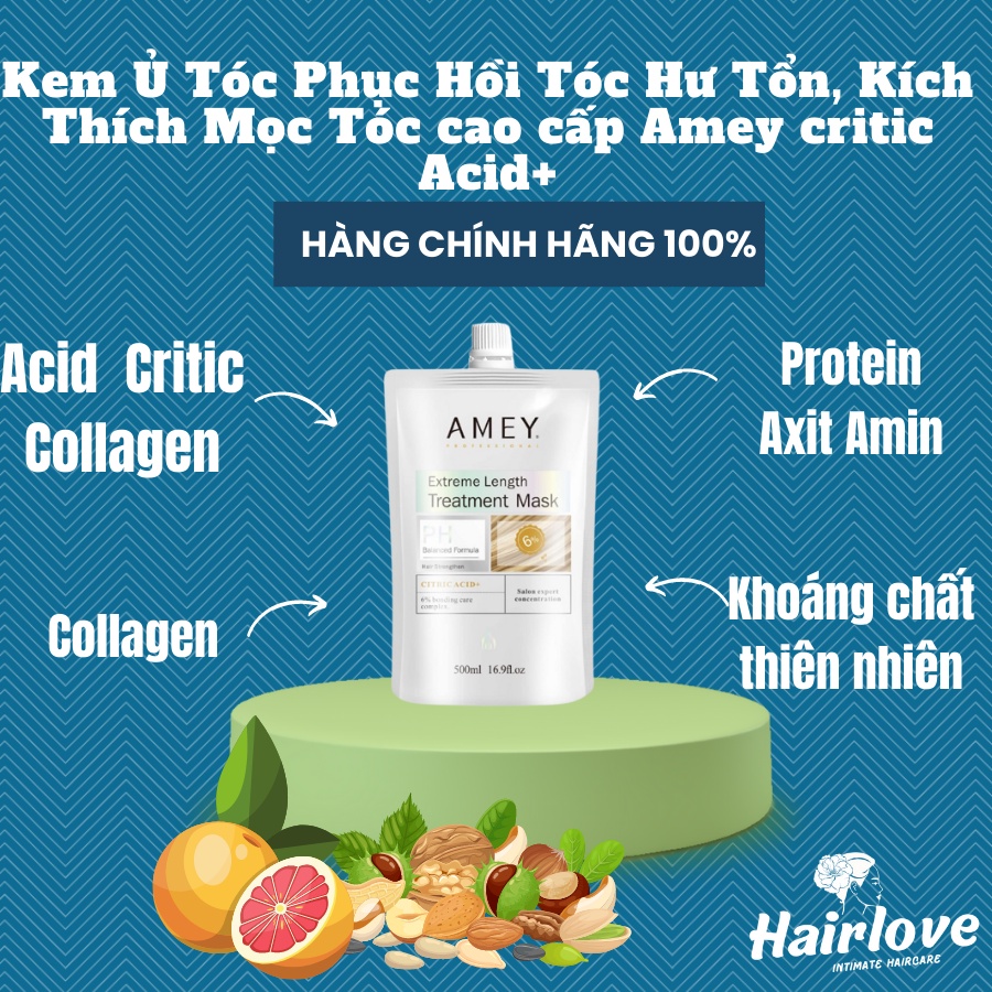 Kem ủ tóc, hấp tóc Collagen phục hồi, tái tạo tóc  Amey 500ml kích dài tóc chăm sóc tóc khô xơ hư tổn Chính Hãng