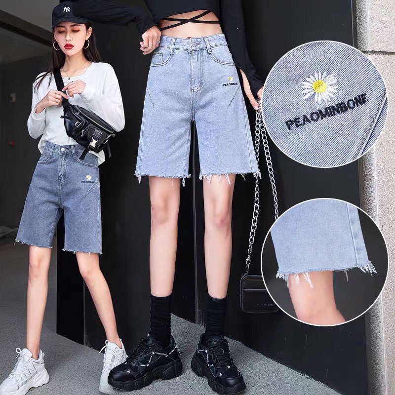 Quần jean ngố lửng thêu hoa cúc chữ gạch hot hti ảnh thật