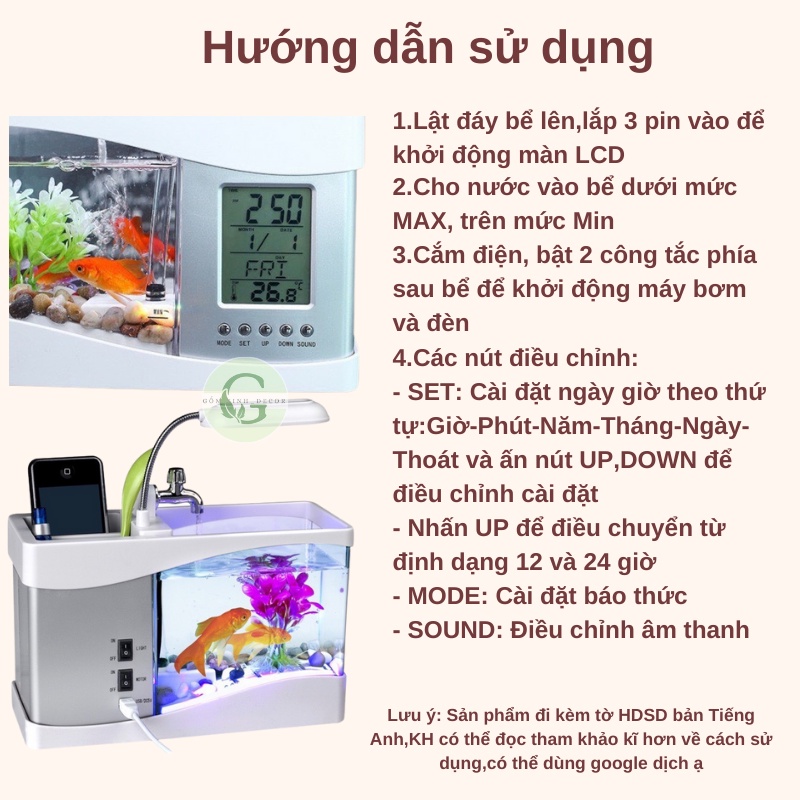 Bể Cá Mini Hồ Thuỷ Sinh để bàn [Đồng Hồ Đèn Bàn Sỏi Cây trang trí]