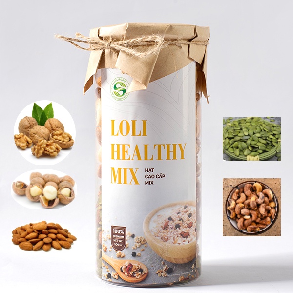 {Lolifood} Hạt mix ngũ cốc cao cấp gồm hạt điều, hạnh nhân, quả óc chó, bí xanh, mắc ca
