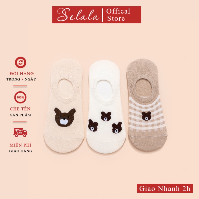 COMBO 3 Tất Hài Hình Gấu Selala Cotton Cổ Ngắn Co Giãn Chống Tuột Hình Siêu Xinh TC13