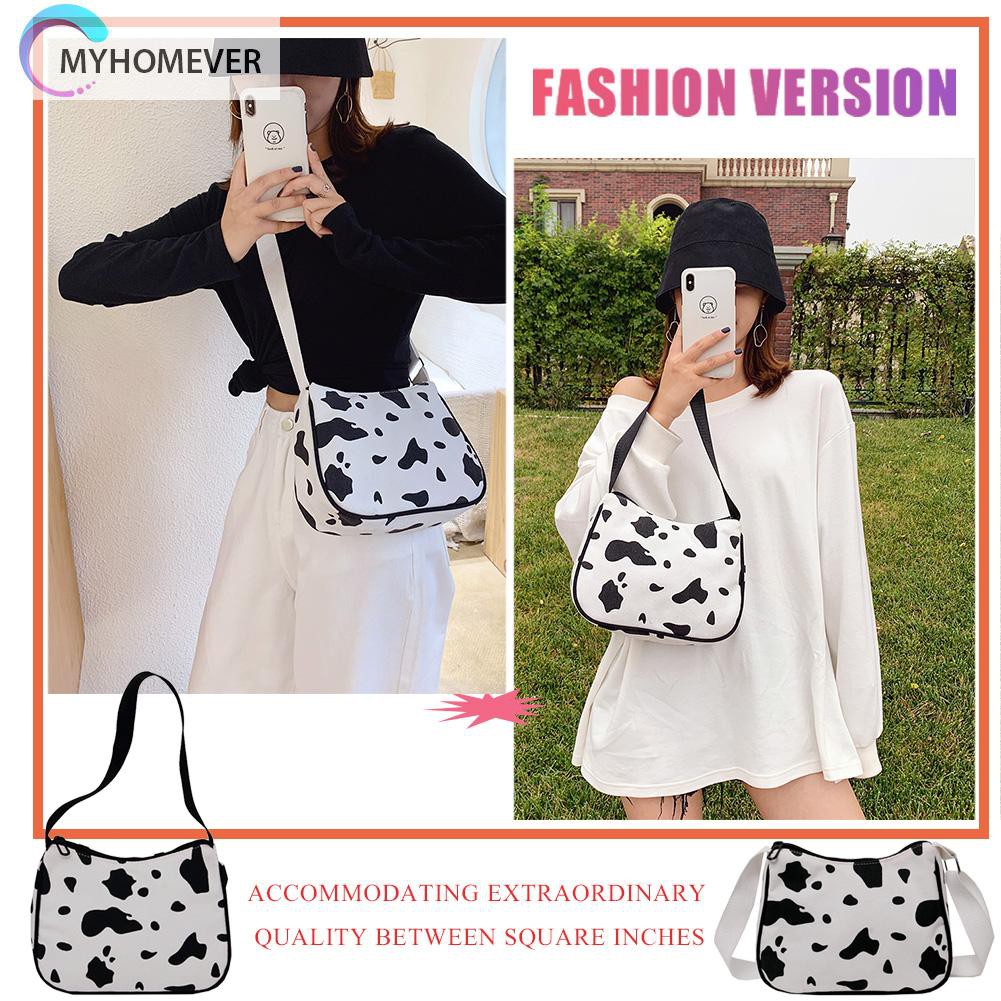 Túi Vải Canvas Đeo Chéo In Họa Tiết Bò Sữa Xinh Xắn Dành Cho Nữ