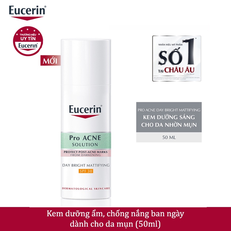 [NEW] Eucerin ProAcne Day Bright Mattifying SPF30+: Kem dưỡng ẩm, chống nắng ban ngày dành cho da mụn (50ml)