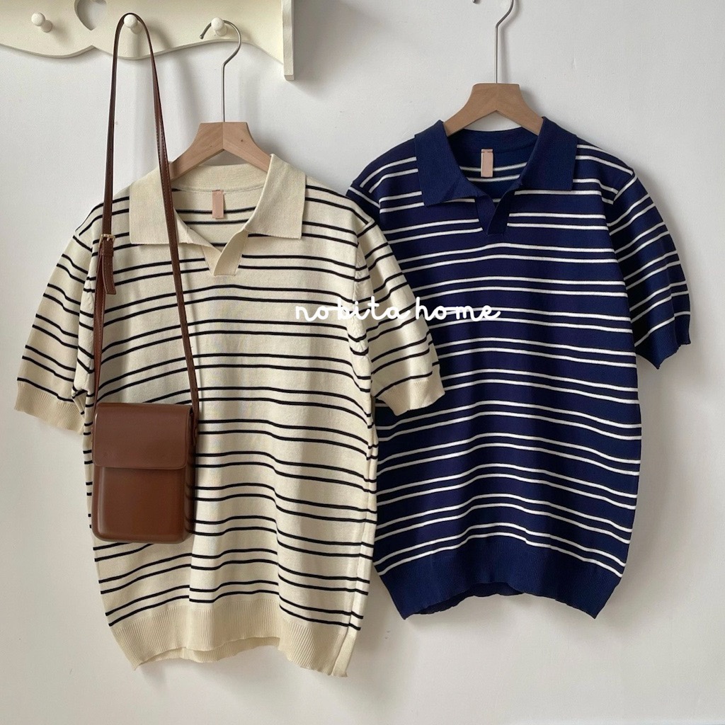 NOOBITA - Áo thun polo dệt kim kẻ sọc 7742