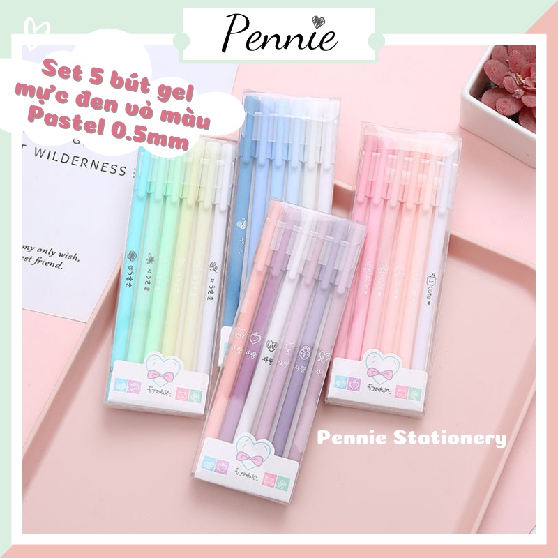 Set 6 bút mực gel Morandi Pennie mực đen vỏ màu pastel retro dễ thương ngòi 0.5mm