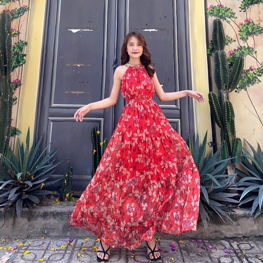 Đầm Maxi hai dây yếm, đầm đi biển, dáng dài, xếp tầng, mê mẩn em này luôn VINTAGE STORE | BigBuy360 - bigbuy360.vn
