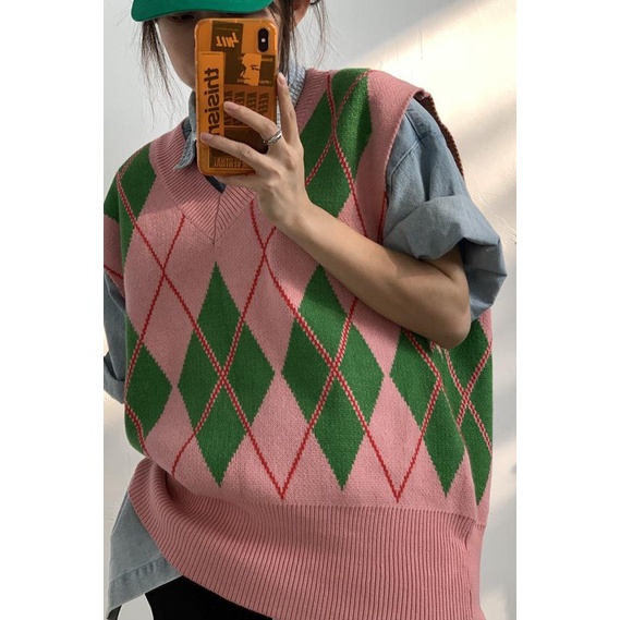 Áo dệt kim không tay dáng rộng phong cách retro đơn giản