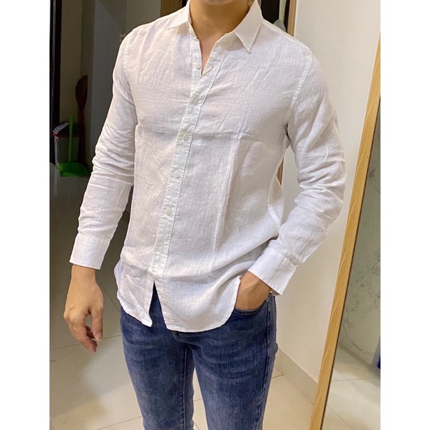 Áo Sơmi Nam Linen Tay Dài Nam Cổ Thường