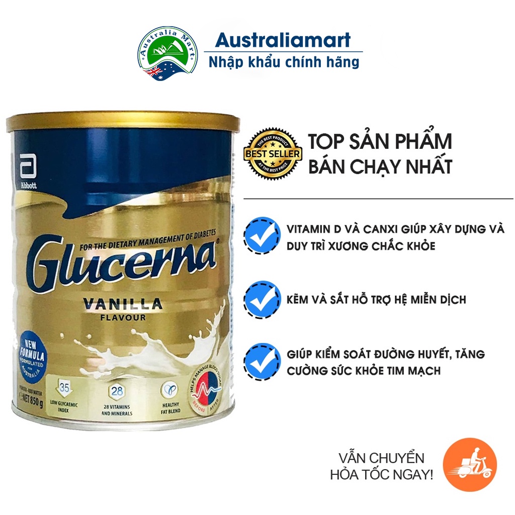 Sữa Glucerna Vanilla Úc dành cho người tiểu đường và tiền tiểu đường (850g)