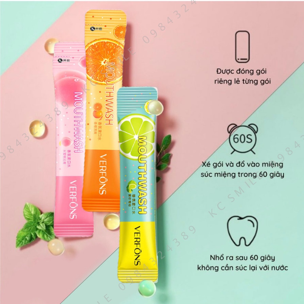 Nước súc miệng vị đào, cam, chanh bạc hà gói 10ml - Khử trùng miệng, hơi thở thơm mát dài lâu, Vệ sinh răng miệng