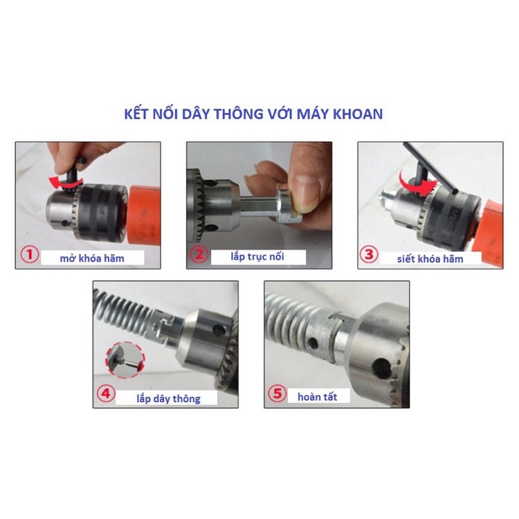 Dây thông cống lò xo gắng máy khoan Ø16 + 6 đầu thông + 1 đầu nối