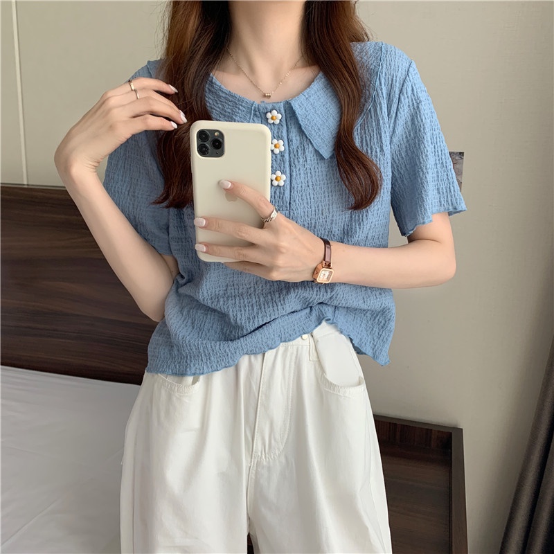 Áo sweater Cổ Polo Tay Ngắn Xếp Ly In Họa Tiết Hoa Thời Trang Mùa Hè Hàng Mới Dành Cho Bạn Nữ