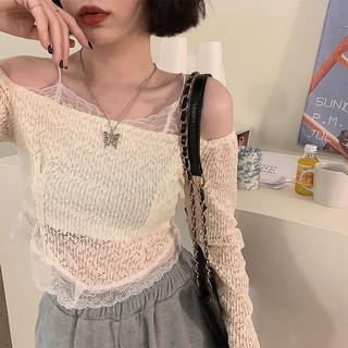 Áo Kiểu Tay Dài Phối Ren Màu Trắng Thời Trang Xuân Hè Xinh Xắn Cho Nữ