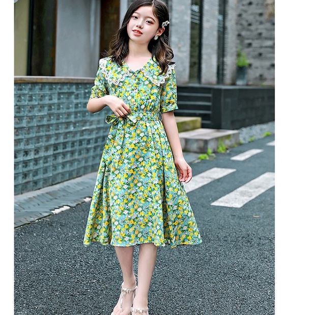 Váy xòe mẹ và bé gái cổ sơ mi kèm thắt lưng