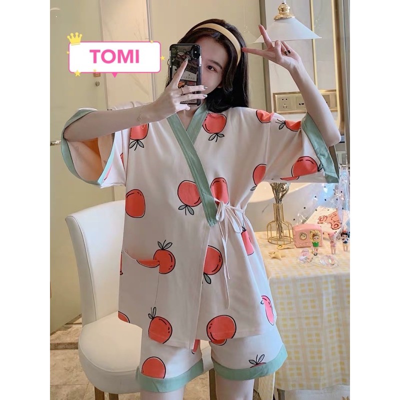 Đồ bộ nữ, bộ pijama nữ ngắn tay quả đào buộc dây nhật dễ thương - TOMI BOUTIQUE