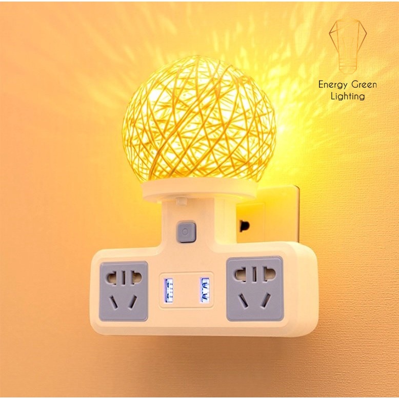 Ổ Cắm Điện Đa Năng - Đèn Ngủ Cầu Mây Energy Green Lighting - 2 Cổng USB , Ổ Chịu Tải 2500W, Chống Cháy Nổ