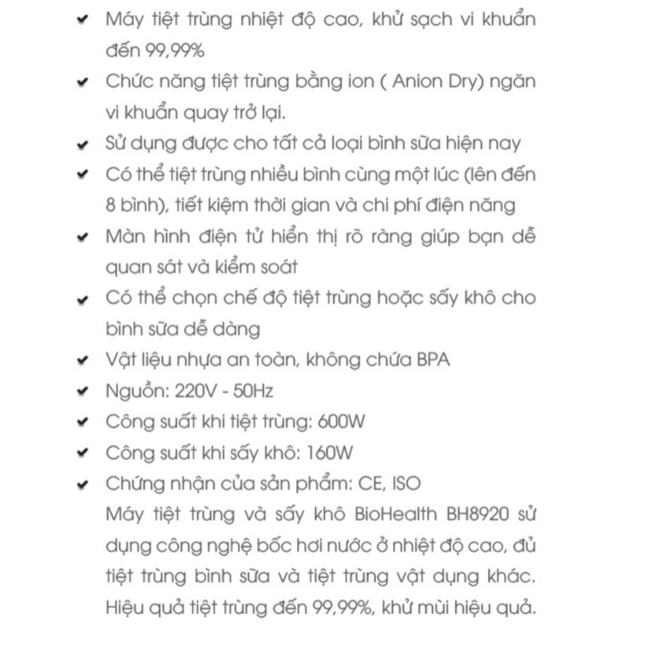 [MỚI NHẤT - CHÍNH HÃNG] Máy TIỆT TRÙNG và SẤY KHÔ bình sữa BioHealth BH8920 khử sạch vi khuẩn đến 99,99% BẢO HÀNH 1 NĂM