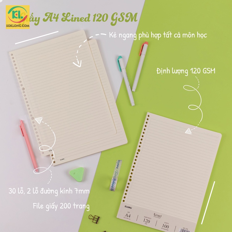 Ruột sổ còng Klong A4 giấy refill binder tập 100 tờ caro/dotgrid/ kẻ ngang Klong 120gsm SOKLONG