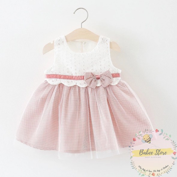 Váy Bé Gái - Váy Cotton Ren Phối Lưới Thắt Nơ - Babee Store