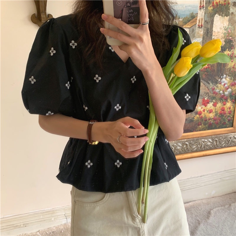 SUXI Áo Sơ Mi Tay Ngắn Cổ Chữ V Thêu Họa Tiết Phong Cách Retro Pháp Cho Nữ