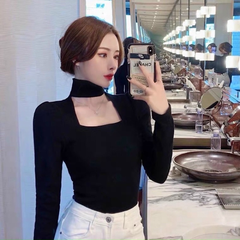Áo kiểu croptop tay dài lọ hở vuông cho nữ
