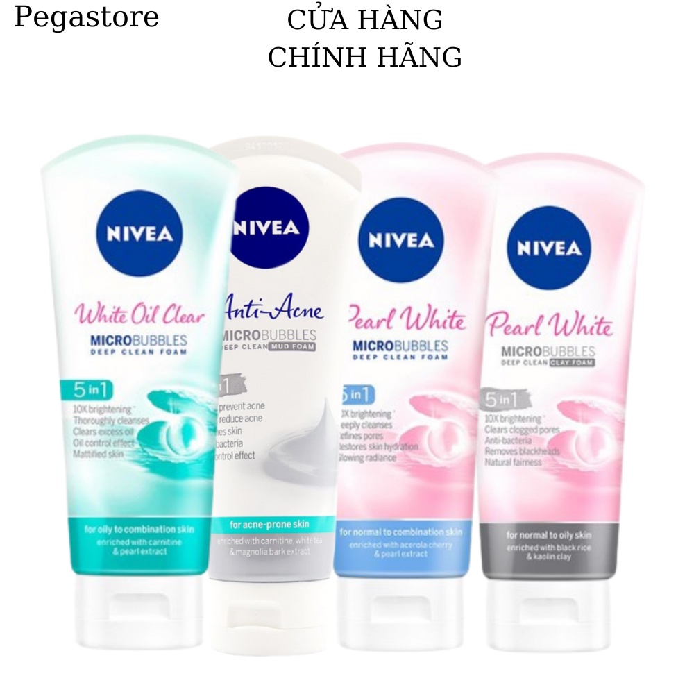 Sữa Rửa Mặt Nivea Pearl White Clay Foam 5IN1 Đất Sét 100g SRM NIVEA Pearl White Micro Bubbles Deep Clean Foam 5in1