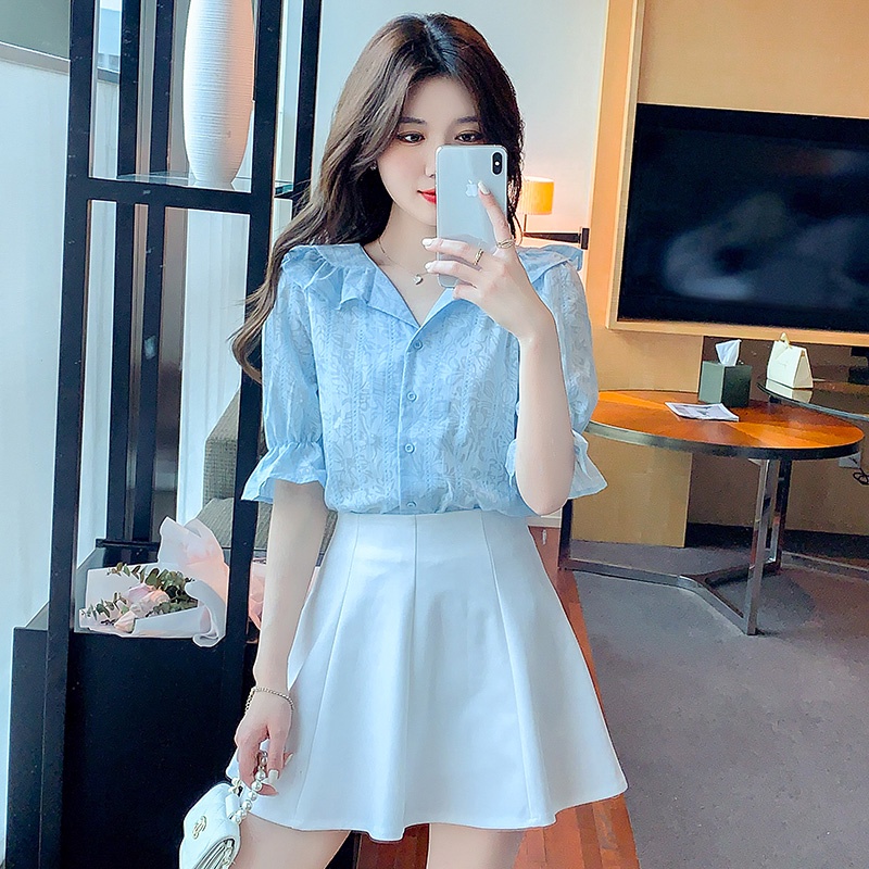 Áo Sơ Mi Chiffon Tay Phồng Cổ Bèo In Họa Tiết Xinh Xắn Thời Trang Cho Nữ