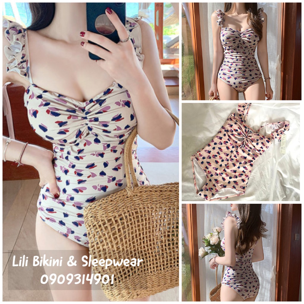 Bikini một mảnh bèo nhún ngực tay con xinh xắn họa tiết hoa nhí Hàn Quốc mẫu mới