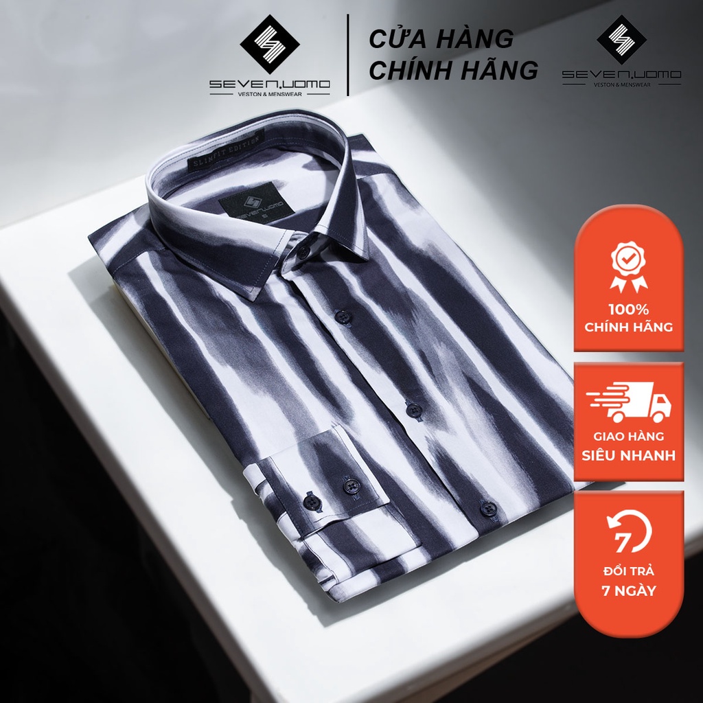 Áo Sơ Mi Nam Dài Tay SEVENUOMO Form Dáng Hàn Quốc, Không Nhăn, Vải Mịn Mát Form Vừa Họa Tiết Loang Sơn HT26