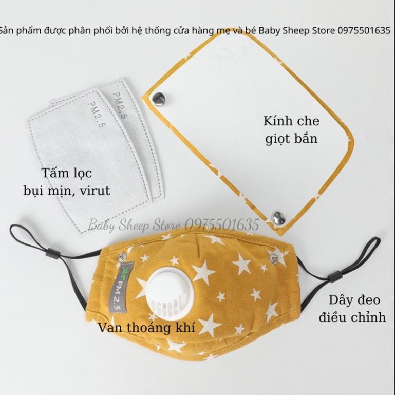Khẩu trang vải cho bé có kính che giọt bắn và van thông hơi, chống bụi mịn cao cấp