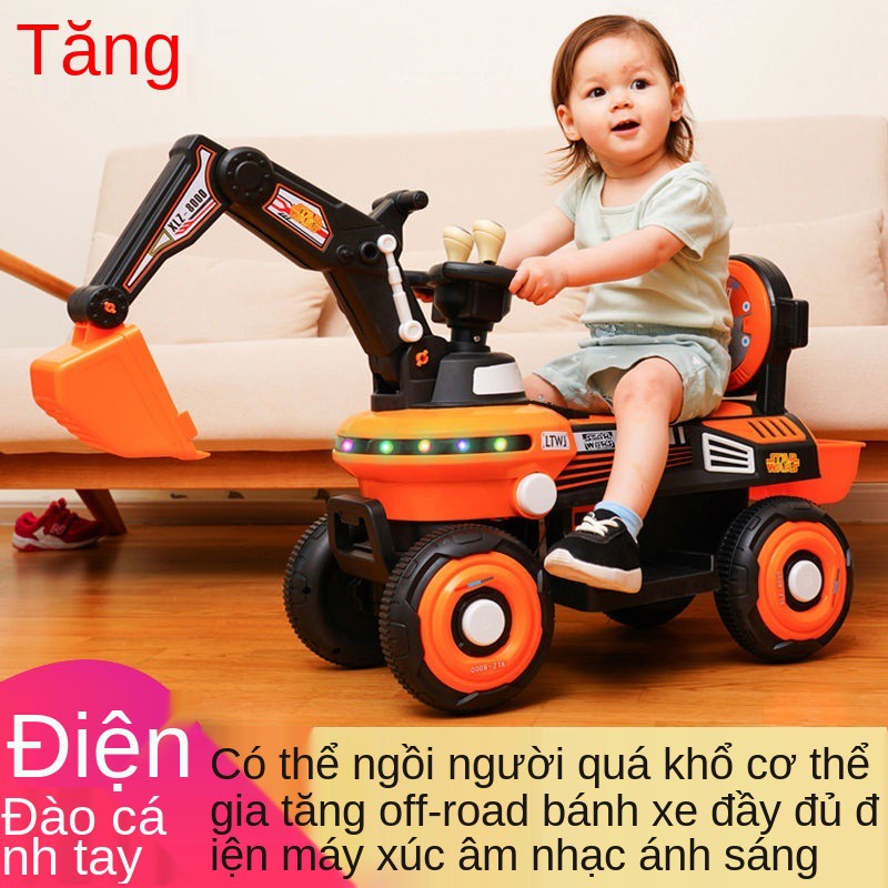 Máy xúc cho trẻ em có thể ngồi và lái xe đồ chơi điện cỡ lớn, xúc, móc, tay ga, kỹ thuật bé trai gái