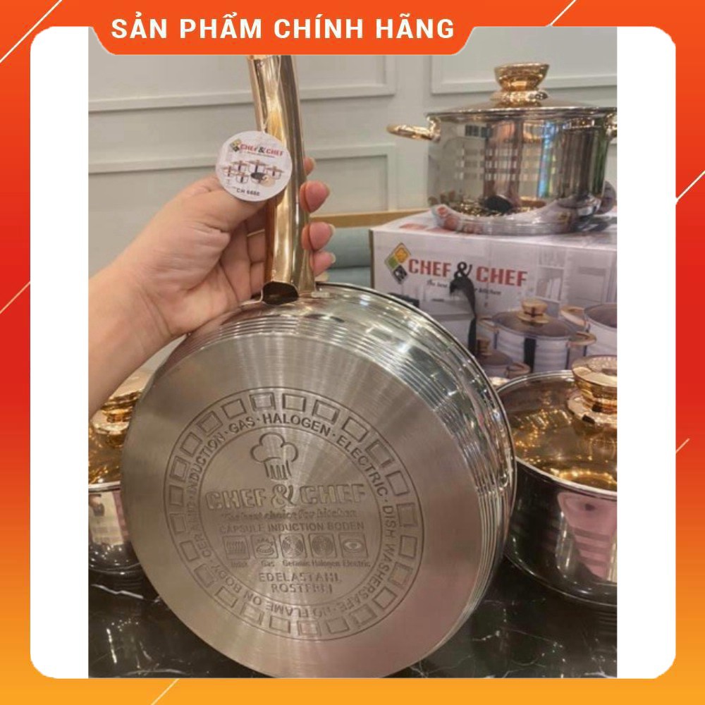 [ VÔ ĐỊCH GIÁ ] Bộ Nồi Inox 6 Món, 12 Chi Tiết, Vung Kính Vàng, Đáy 5 Lớp. Thương Hiệu Chef &amp; Chef. Công Nghệ Đức [ HÀNG