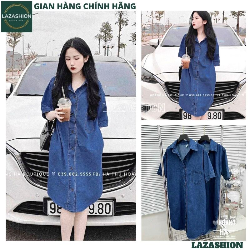 Váy đầm sơ mi jean ngắn tay cổ đức phối túi ngực vạt bầu dáng suông chất bò dày dặn phong cách hàn quốc-LAZASHION