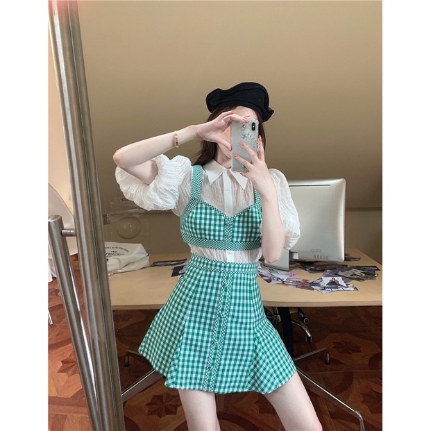 Set váy nữ croptop màu xanh,hồng dễ thương cá tính