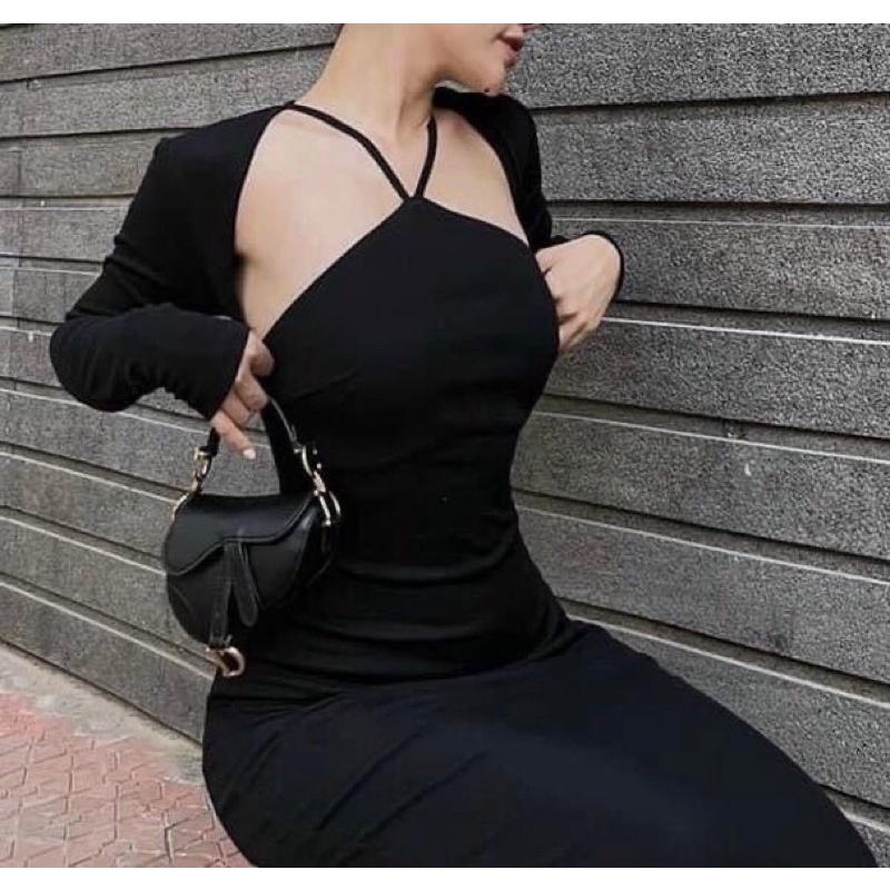 đầm body tay dài đỏ đen khoét vai