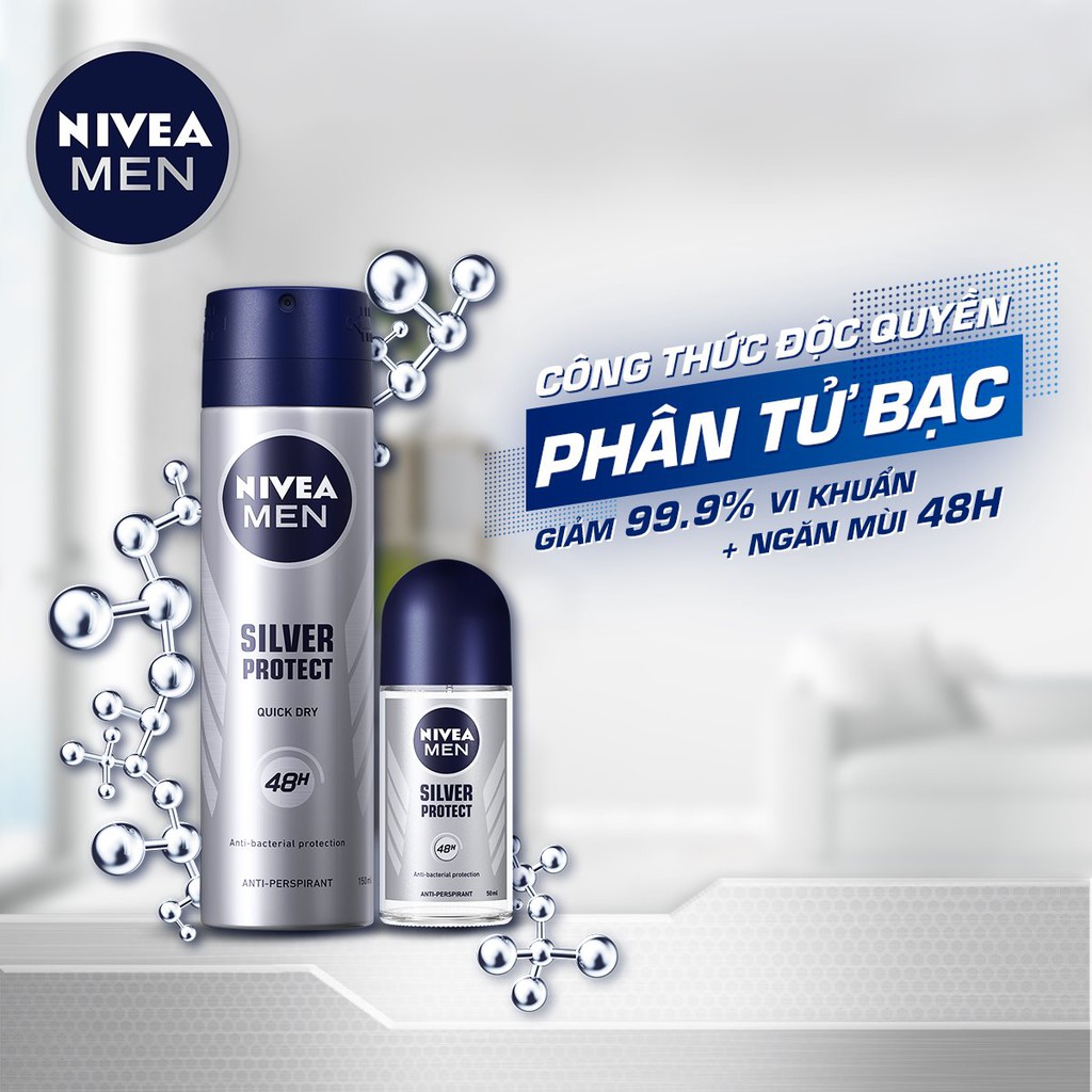 Xịt ngăn mùi NIVEA MEN Silver Protect phân tử bạc kháng khuẩn (150ml)