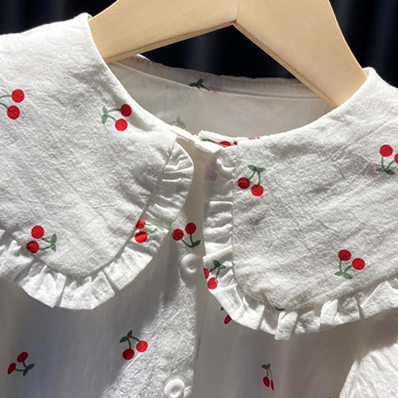 IU Autumn Baby Girl Cute Cherry Print Doll Collar Design Blouse Casual Kids Sweet Long Sleeve Clothes