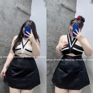 Áo len croptop dệt kim cổ v