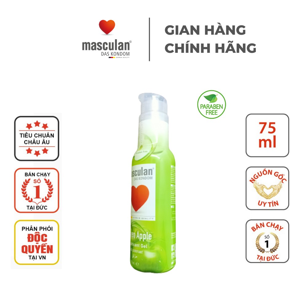 Gel Bôi Trơn Cao Cấp Masculan Green Apple - Trơn Tru - Gốc Nước - Không Chất Bảo Quản - An Toàn - 75Ml