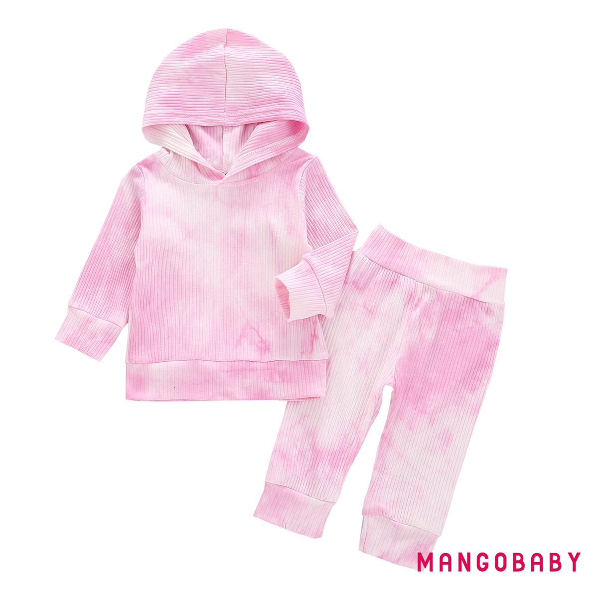 Bộ 2 Món Áo Hoodie Tay Dài + Quần Dài Màu Nhuộm Hồng / Xám Cho Bé