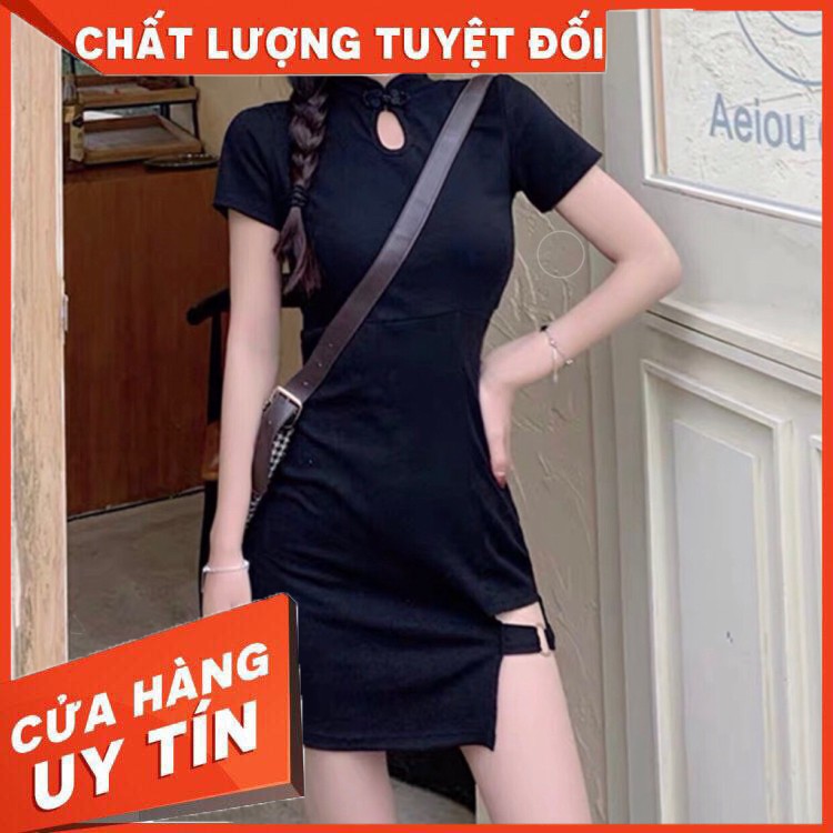 HÀNG CAO CẤP -  Váy đầm nữ body cổ tàu cài nút đuôi váy cách điệu chất thun dẻo cao cấp co dãn mặc tôn dáng thích hợp đi