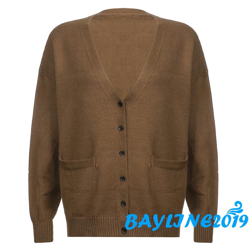 Áo khoác cardigan dệt kim cổ chữ V dáng rộng màu nâu phong cách Hàn Quốc thời trang mùa thu cho nữ